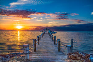 Dock at sunset in Islamorada, Florida Keys. Florida, United States