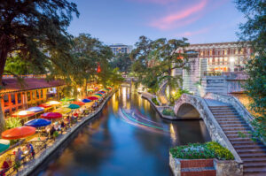 San Antonio riverwalk in San Antonio, Texas at dusk